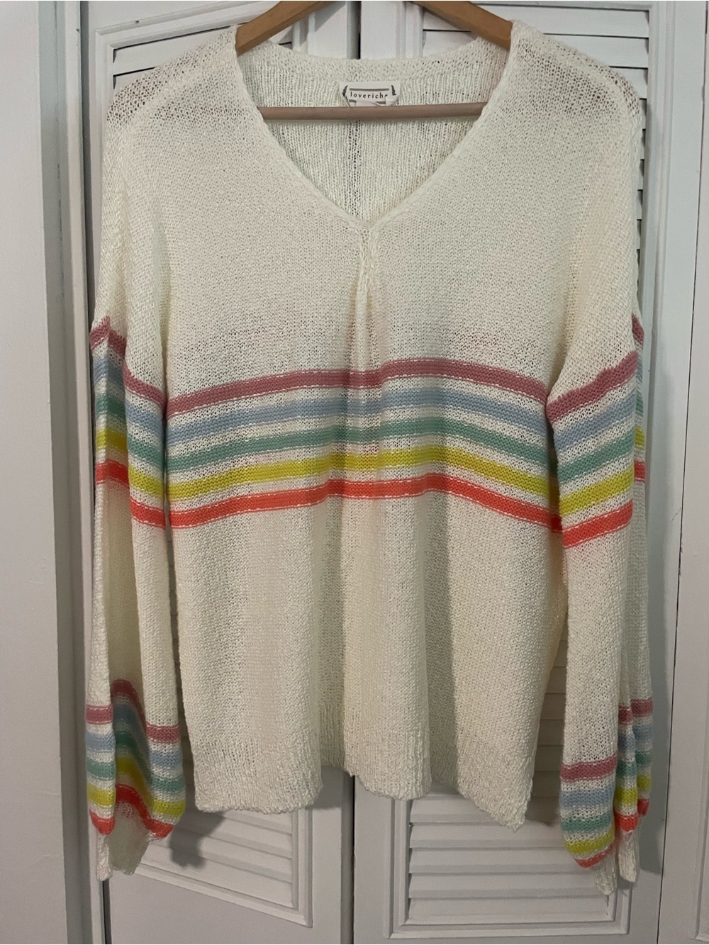 Loveriche V-Neck Sweater with Rainbow Stripes, Balloon Sleeves